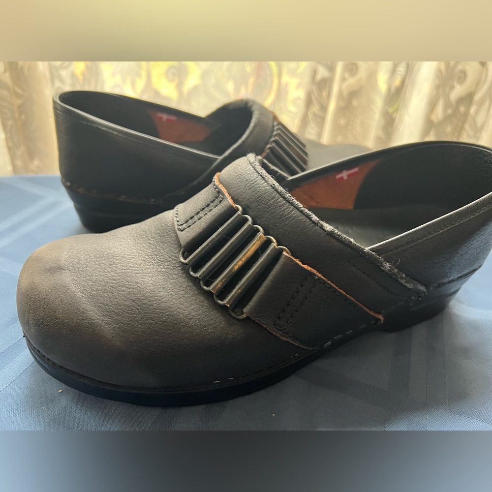 Sanita black leather clogs with buckle detail, size 41